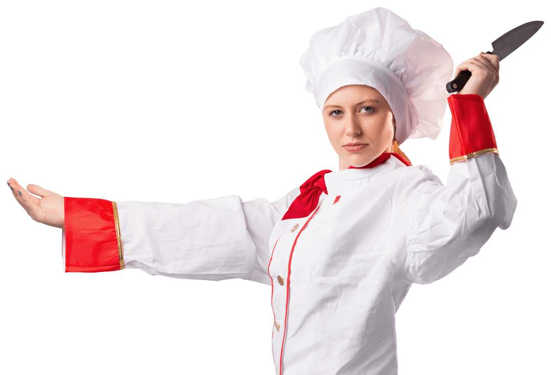 Confident Female Chef with Knife in Hand on Transparent Background