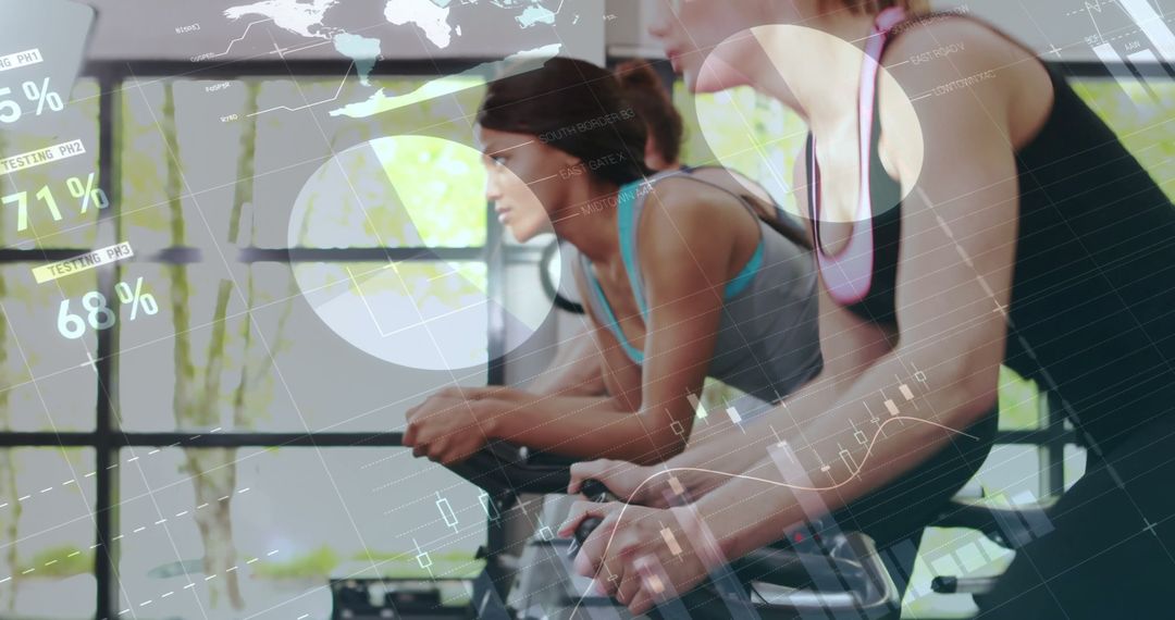 Participants in Cycling Class with Tech Overlay Background