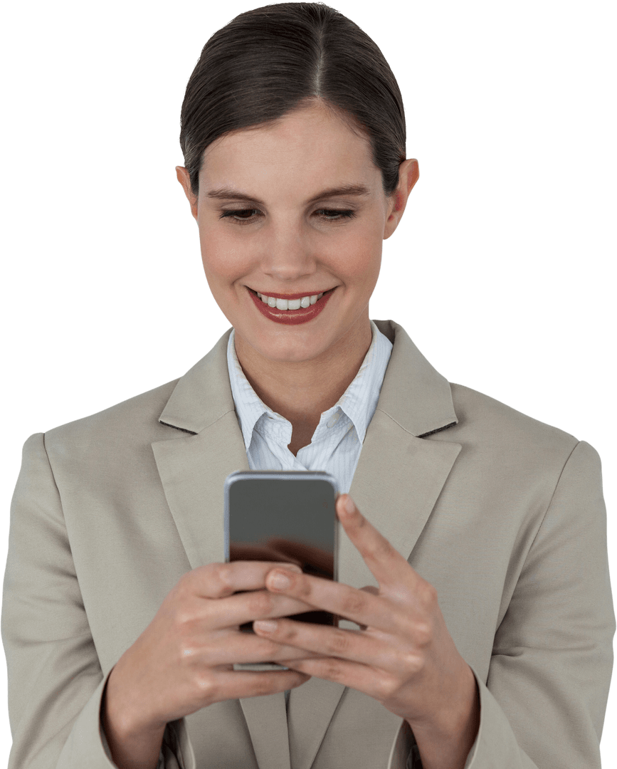 Transparent Background Smiling Businesswoman Using Smartphone