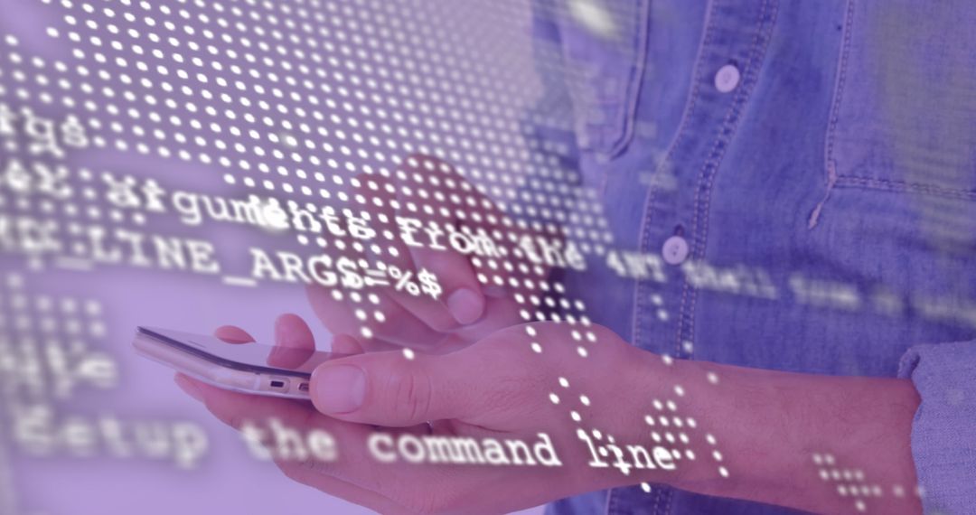 Hands Typing on Smartphone with Digital Code Background
