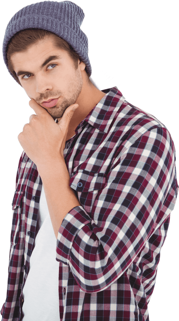 Thoughtful Man With Hand on Chin Wearing Beanie in Transparent Background