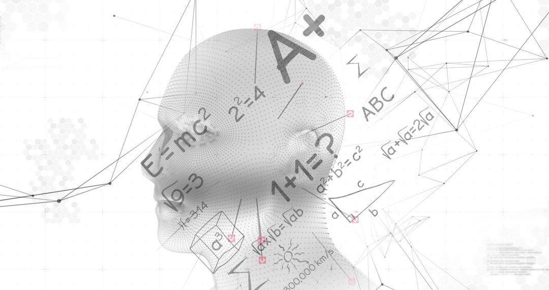 Futuristic Digital AI Head with Mathematical Concepts
