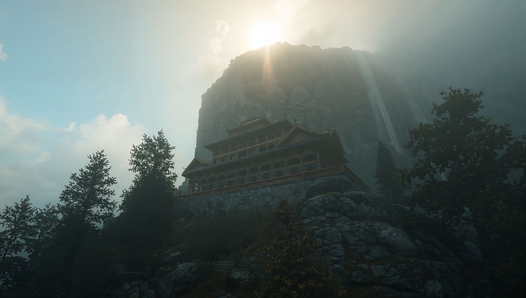 Sunlit Mountain Pagoda Perching on Cliffside Terrace with Waterfall and Mist