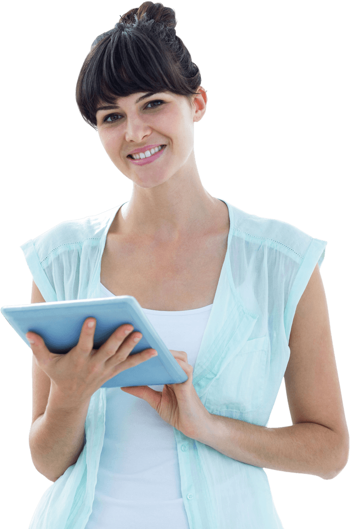 Smiling Woman Using Tablet on Transparent Background