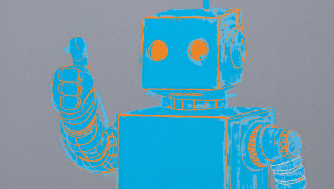 Retro Boxy Robot Giving Thumbs-Up Two-Tone Cyan Orange Sketchy Illustration