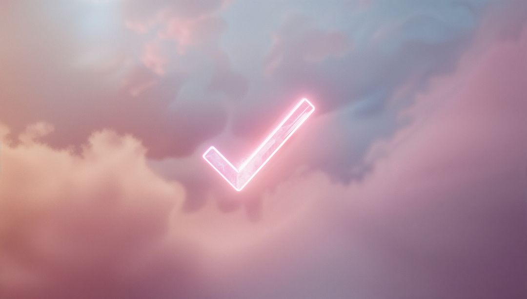 Neon Check Mark Against Dreamlike Pastel Sky