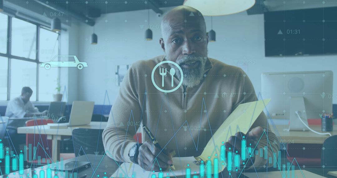 Businessman Engaging in Virtual Call with Financial Data Visualization