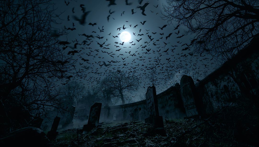 Mystical Graveyard with Bats Soaring Under Full Moon