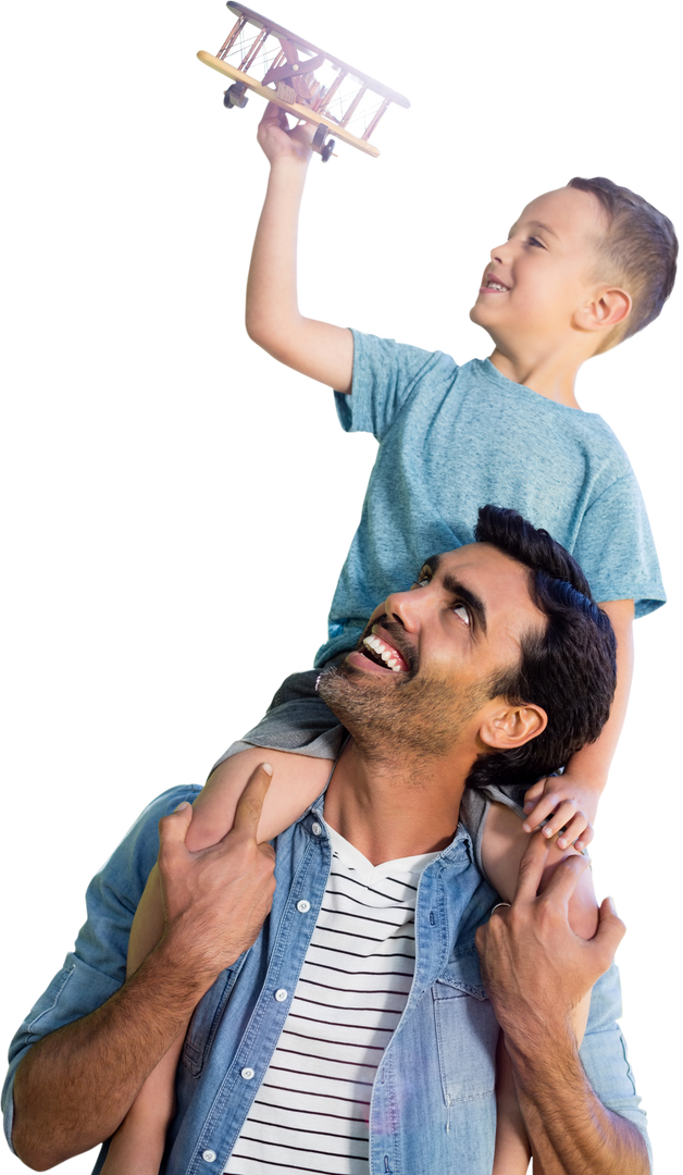 Transparent father carrying son on shoulders with toy plane and smiling expressions - Download Free Stock Images Pikwizard.com