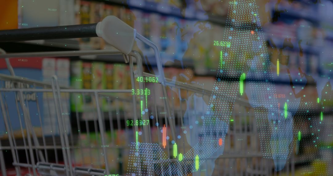 Digital Stock Data Superimposed on Shopping Cart in Grocery Store