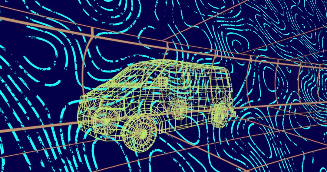 Digital Wireframe Model of Truck with Abstract Electric Waves