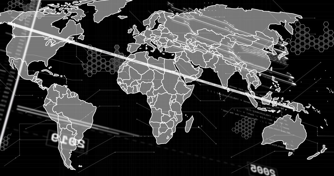 Digital World Map with Data Elements on Black Background