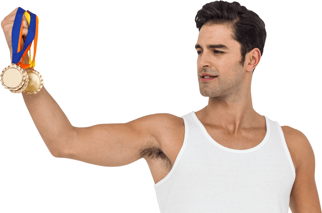 Confident Athlete Posing with Gold Medals on Transparent Background