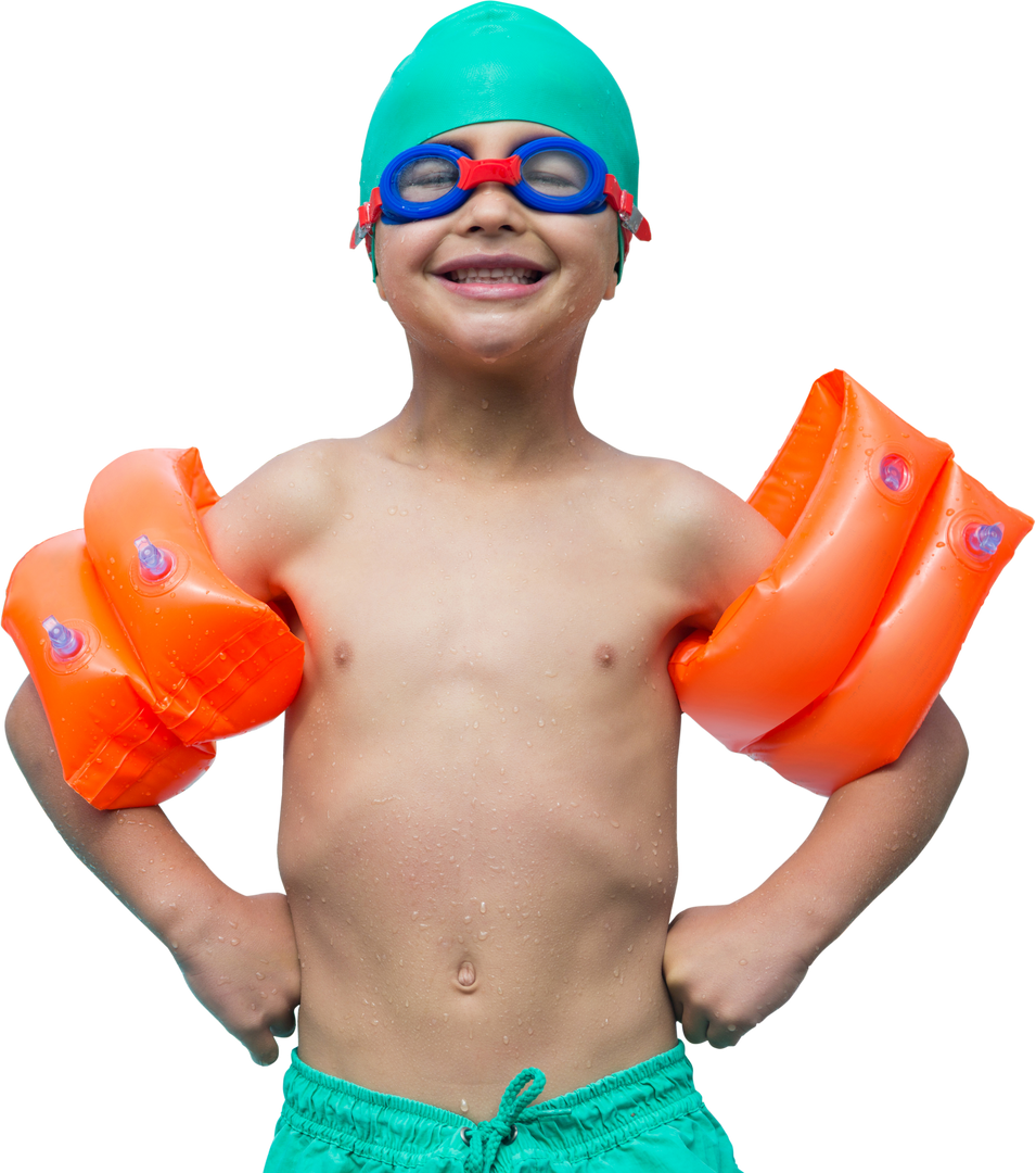 Shirtless Boy with Orange Water Wings Standing and Smiling on Transparent Background - Download Free Stock Images Pikwizard.com