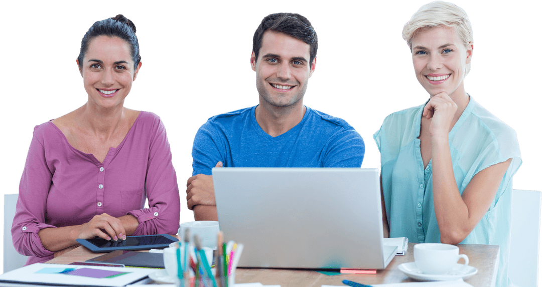 Happy Caucasian Group Collaborating with Laptop Transparent Background