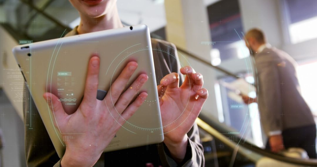 Female Professional Using Futuristic Digital Tablet Interface