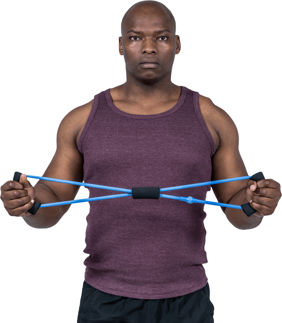 Fit Man Exercising with Transparent Resistance Band Against White Background