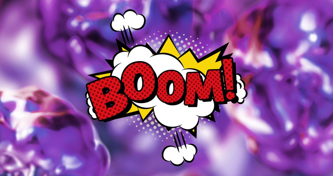 Retro Comic Style Boom Text on Purple Abstract Background