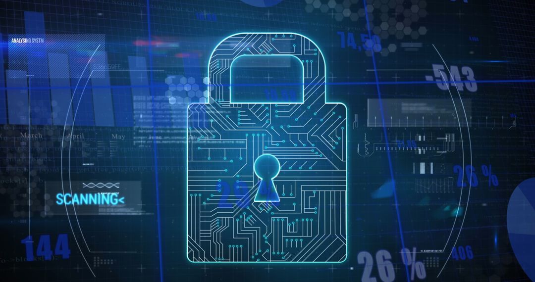Digital Cybersecurity Padlock with Data Analysis Graphics