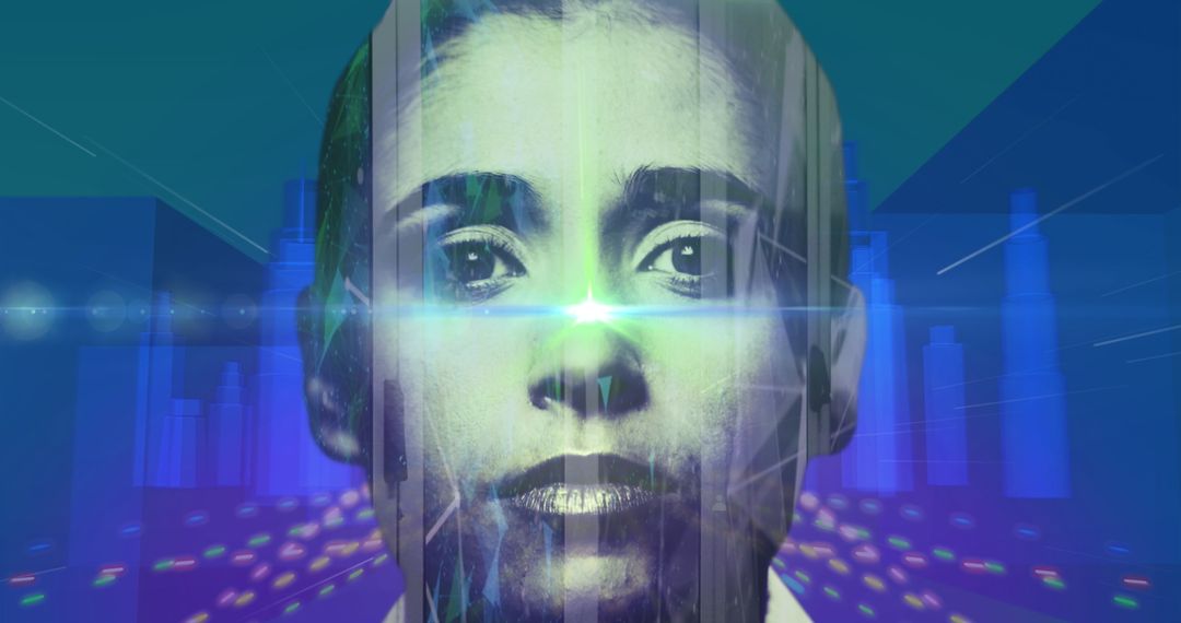 Futuristic Portrait with Digital City Overlay