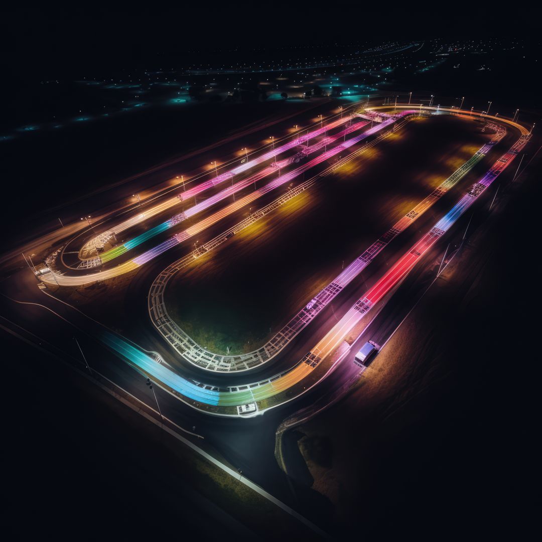Aerial view of lit car race track at night, created using generative ai technology - Free Images, Stock Photos and Pictures on Pikwizard.com