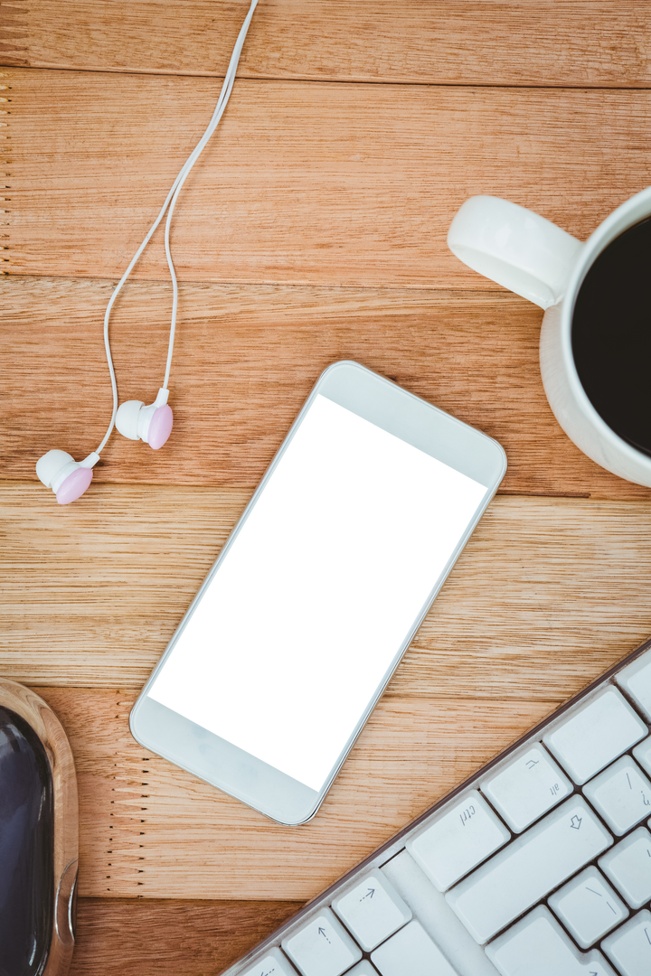 Transparent Smartphone on Wooden Desk with Coffee and Earphones - Download Free Stock Images Pikwizard.com