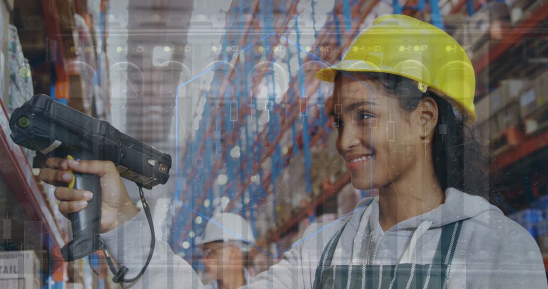 Female Warehouse Worker Using Scanner with Data Overlay