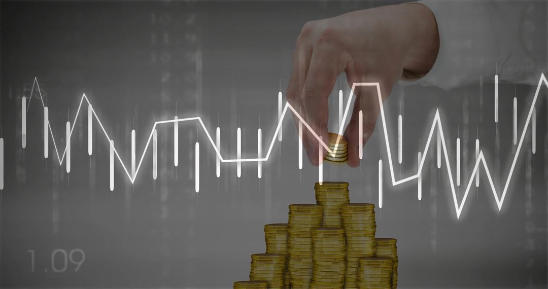Stacking Coins with Financial Chart Overlay: Economic Growth Concept