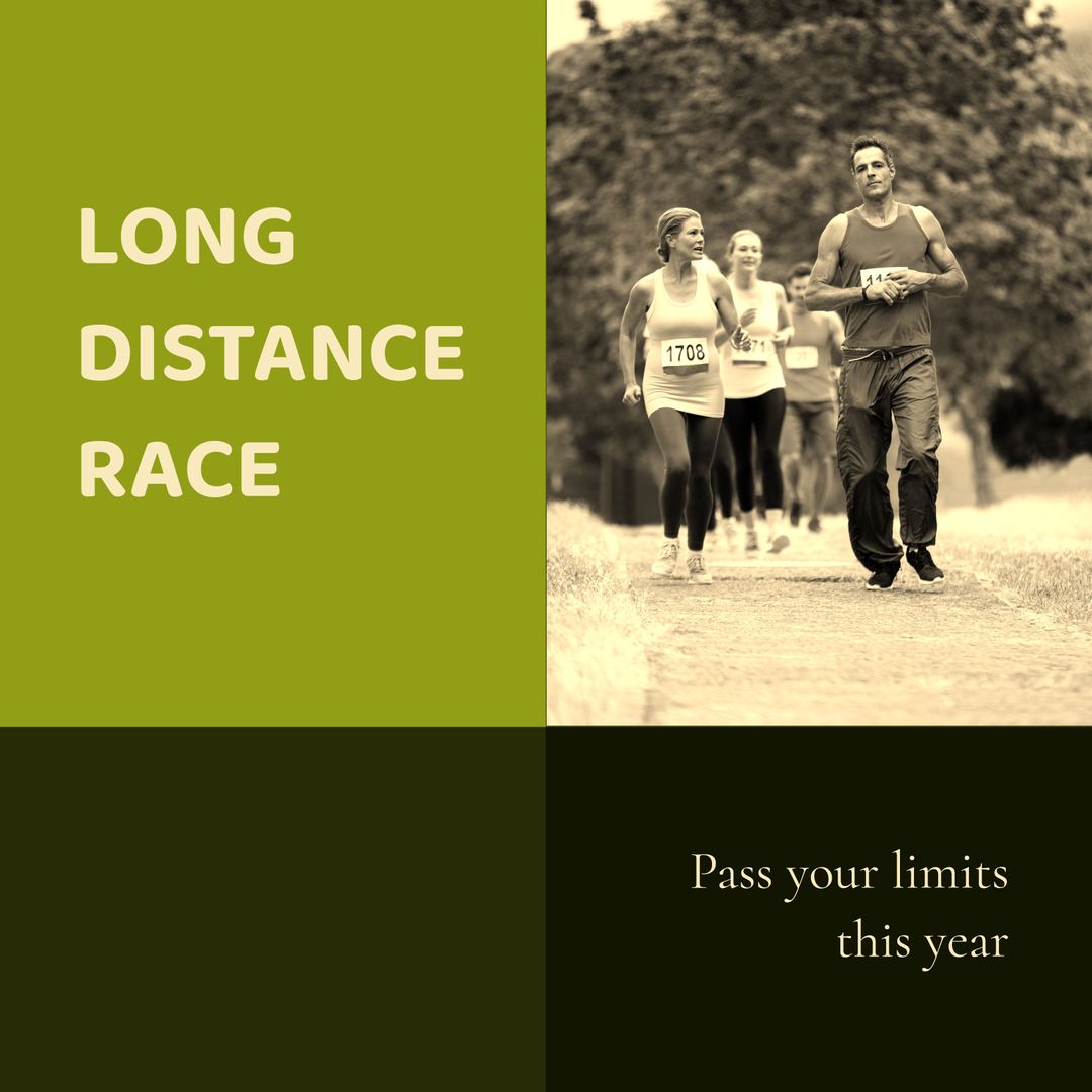 Composition of long distance race text with diverse people running on ...