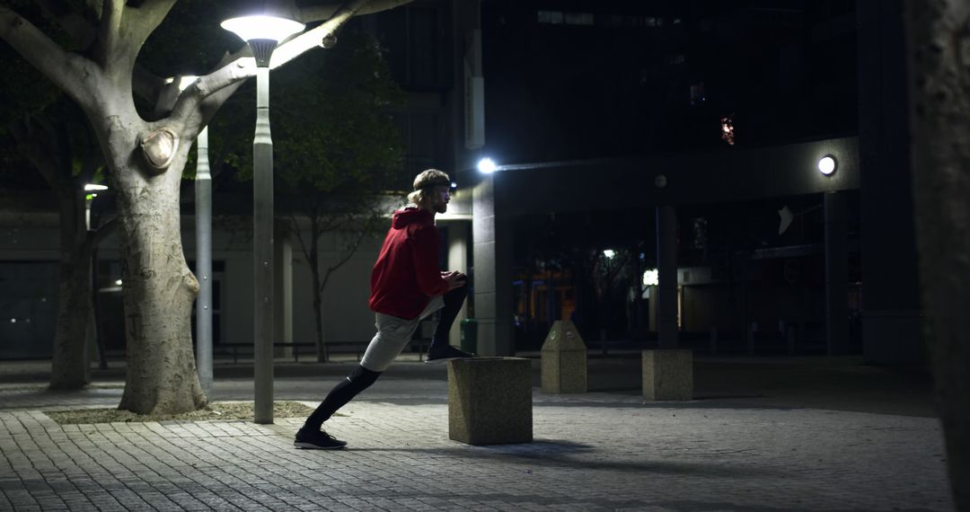 Young Man Stretching Outdoors at Night Under Streetlights - Free Images, Stock Photos and Pictures on Pikwizard.com