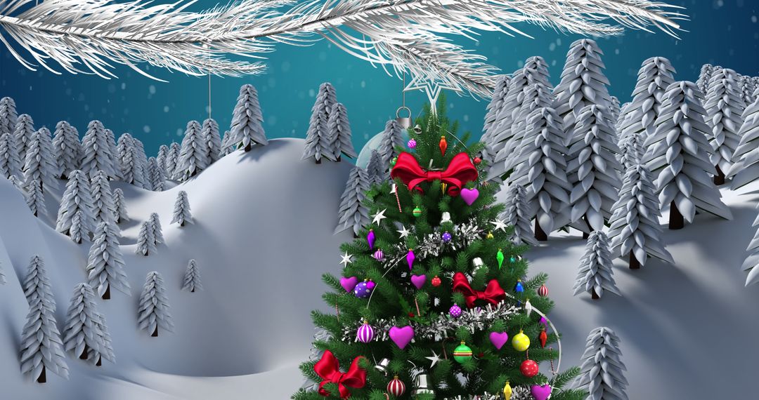 Decorated Christmas Tree in Snowy Winter Wonderland