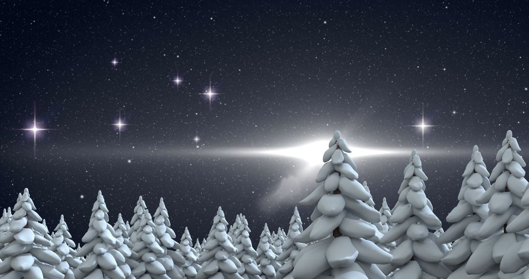 Winter Night Landscape with Snow-covered Pine Trees and Starry Sky