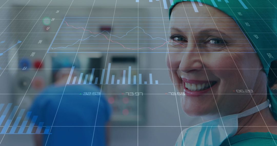 Smiling Female Surgeon with Data Graphics Overlay