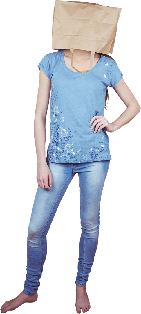 Mysterious Woman Poses with Paper Bag Mask, Transparent Background Fashion