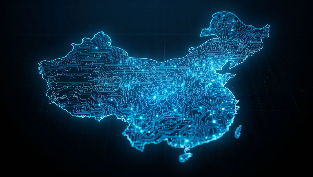 Digital China Map with Circuit Pathways and Glowing Nodes