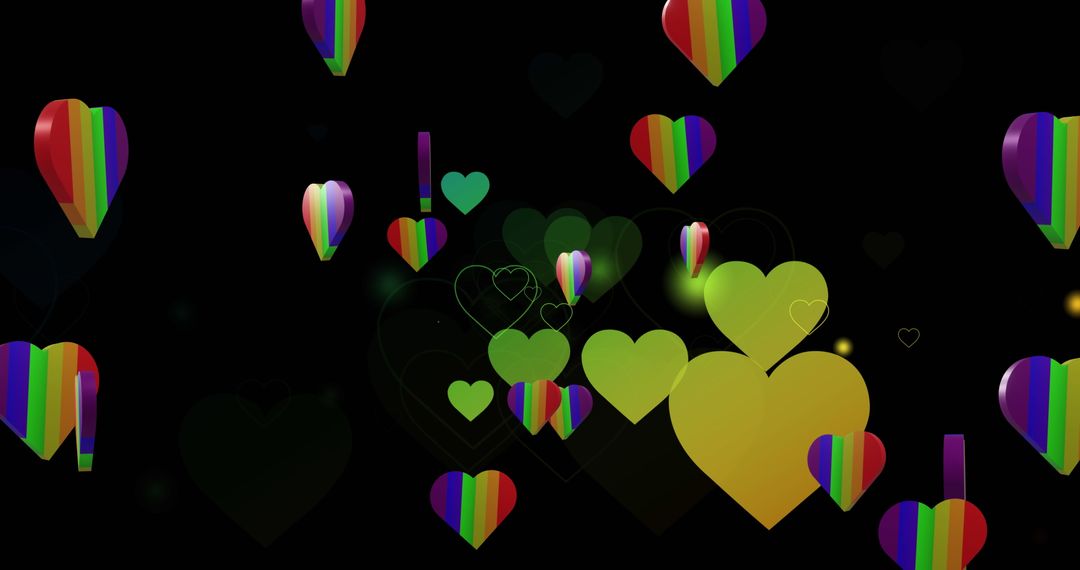 Rainbow Heart Shapes Against Black Background Celebrating Pride and Equality