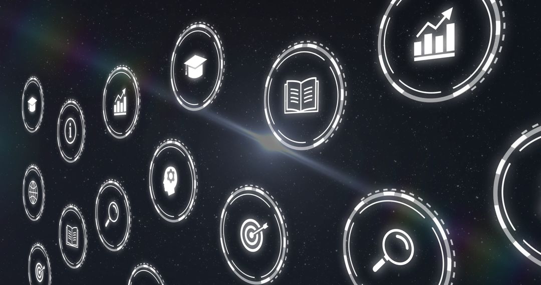 Futuristic Digital Interface Icons Floating in a Starry Background