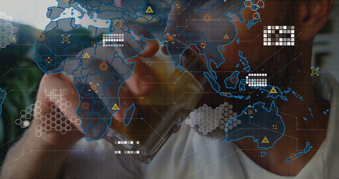 Man Drinking with Futuristic Digital Map Interface Overlay