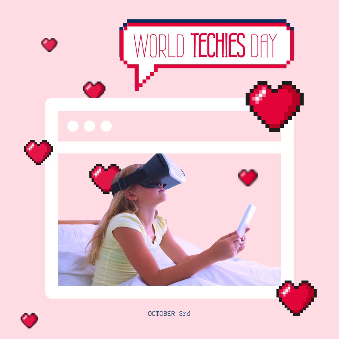 World Techies Day with Girl Using VR Headset and Mobile Device