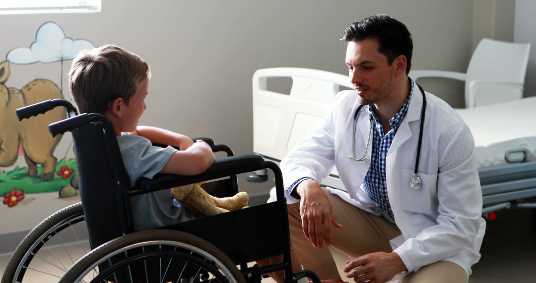 Doctor Comforting Child in Wheelchair in Hospital Room - Free Images, Stock Photos and Pictures on Pikwizard.com