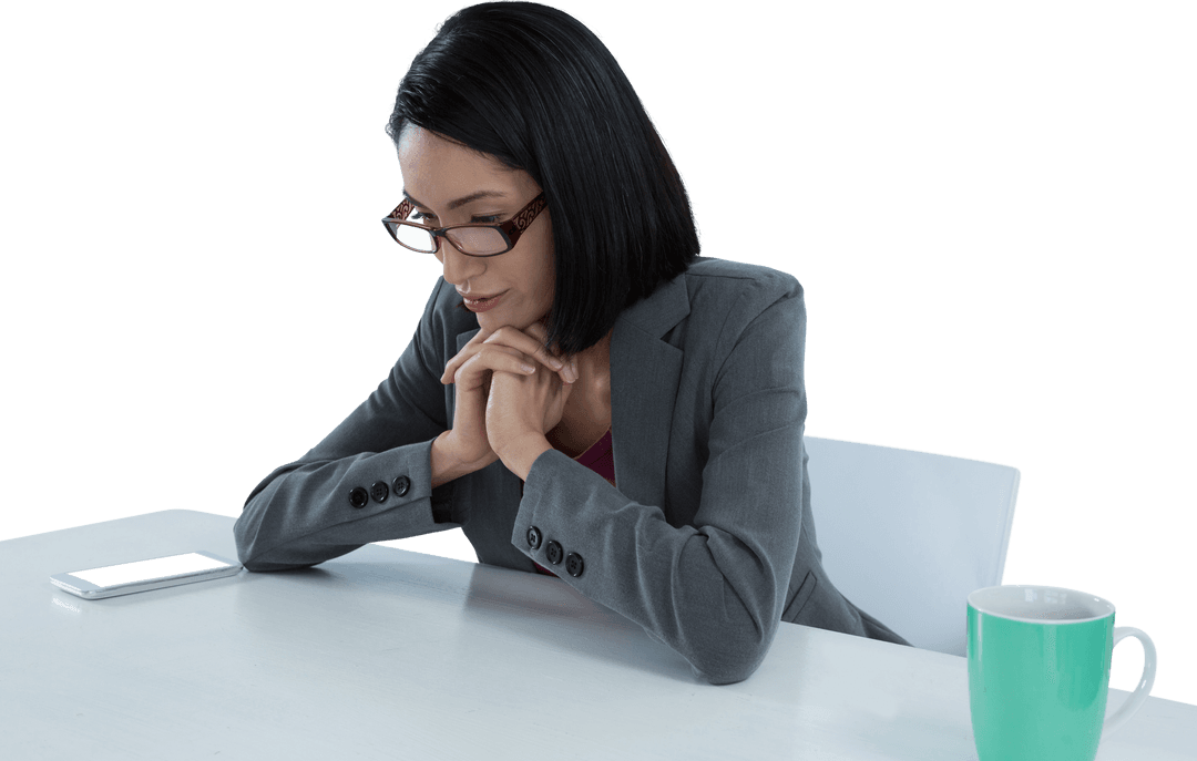Businesswoman Contemplating Blank Transparent Screen at Desk