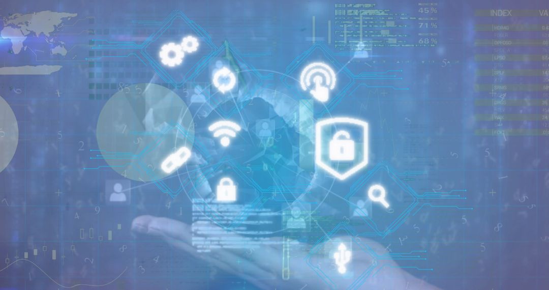 Digital Security Symbols Overlaying World Globe and Human Hand