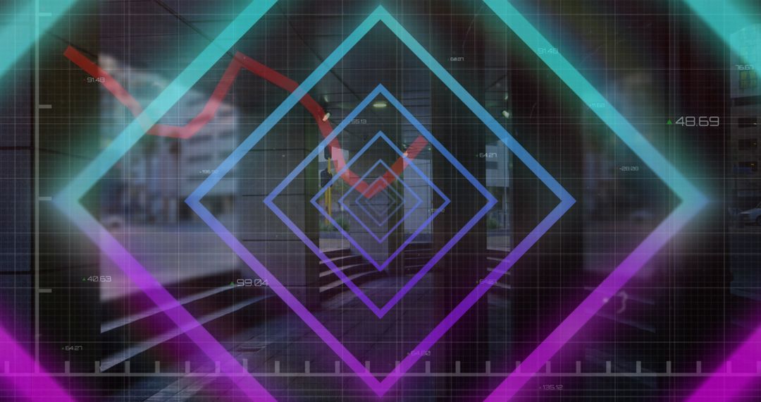 Neon Squares and Financial Data Overlaying Cityscape