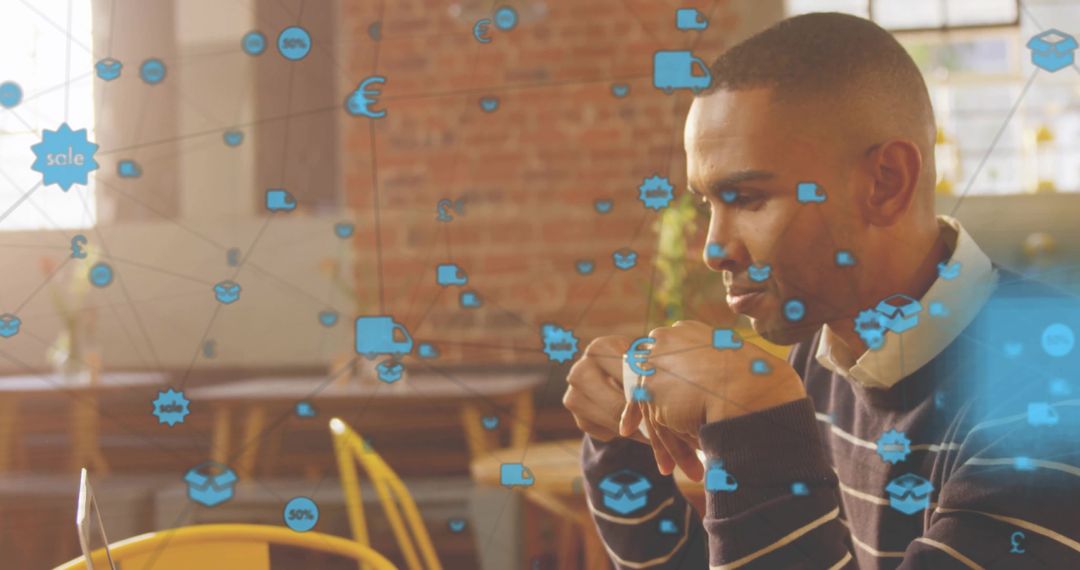 Tech-Savvy Professional Working with Digital Network Icons Overlay