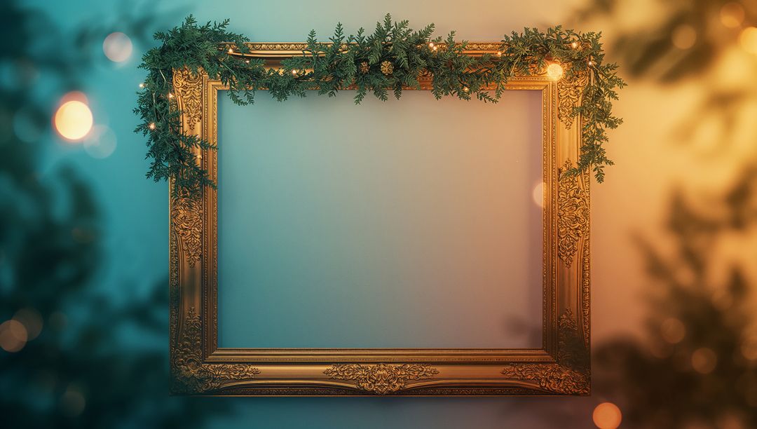 Empty Gold Frame with Garland and Bokeh Lighting