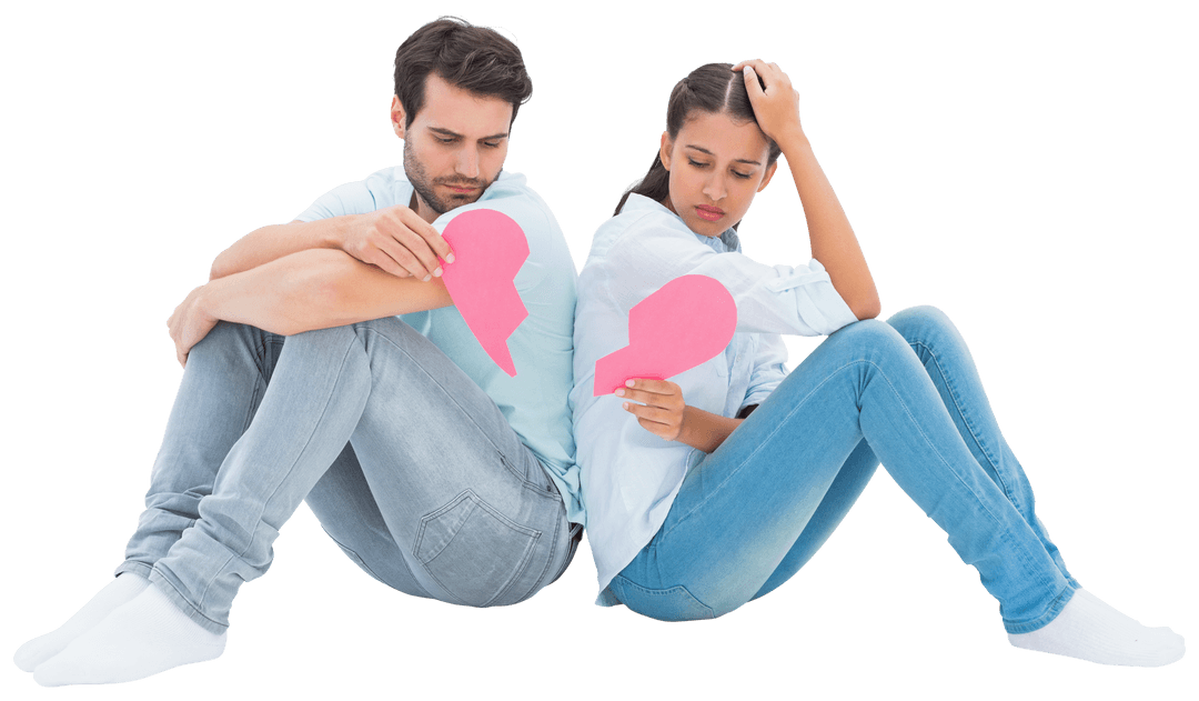 Transparent Image of Sad Couple Holding Broken Heart Pieces
