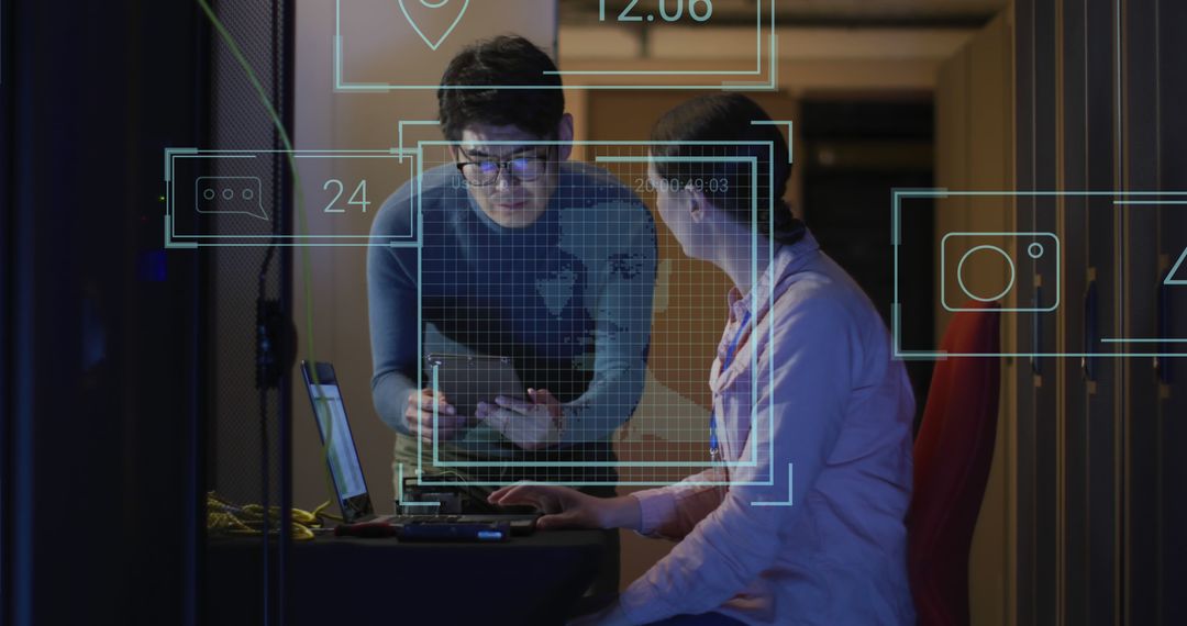 Engineers Collaborating in High-Tech Server Room with Digital Overlay