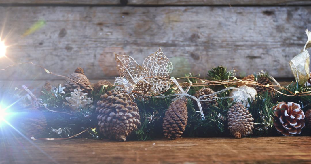 Rustic Christmas Decorations with Pine Cones and Fairy Lights