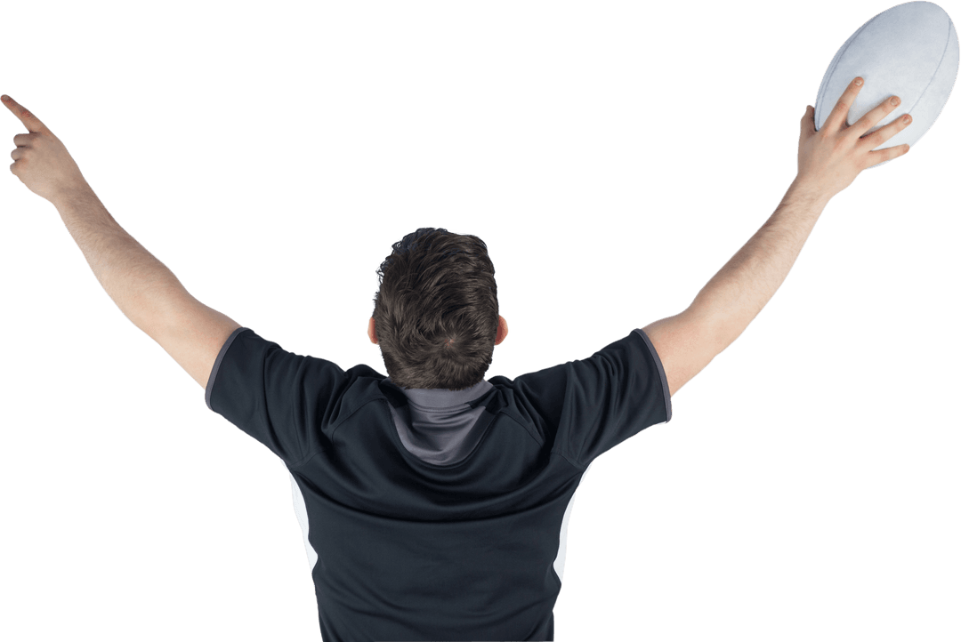 Rugby Player Celebrating Victory with Trophies and Arms Raised