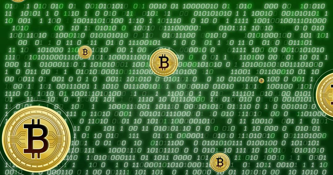 Bitcoin Icons Overlaying on Digital Binary Code Pattern